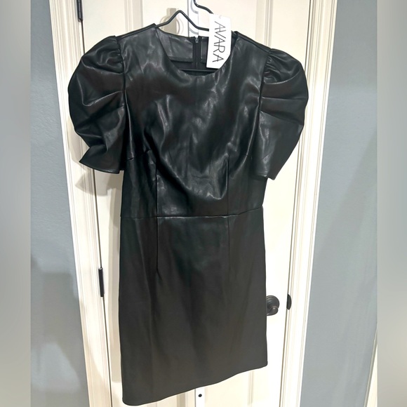 TCEC Dresses & Skirts - TCEC Faux Leather Black Puff Sleeve Dress Size Medium New With Tags